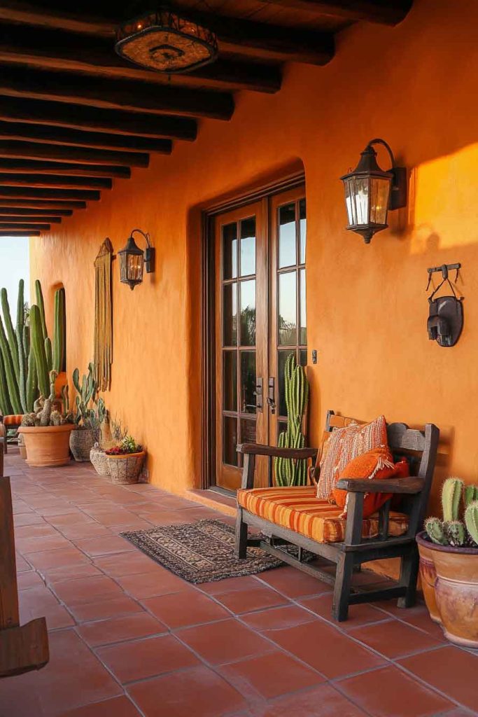 Southwest Desert Porch with Warm Terracottas and Cacti