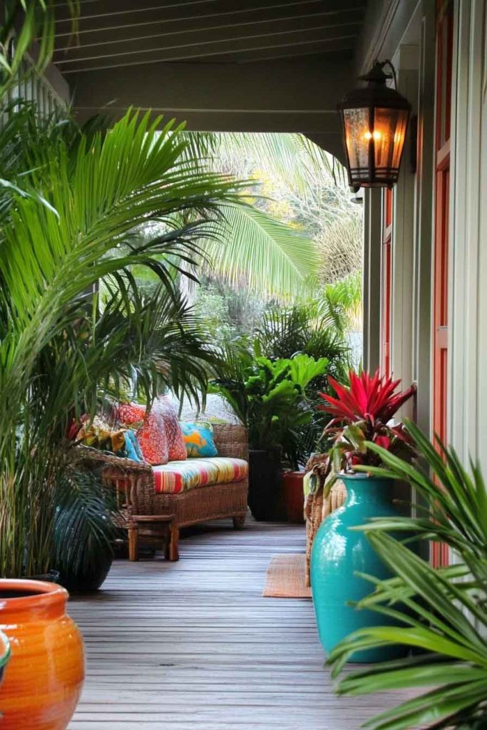 Tropical Porch with Lush Palms and Vibrant Colors