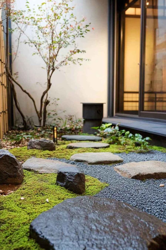 Minimalist Japanese Garden Porch with Stone and Moss