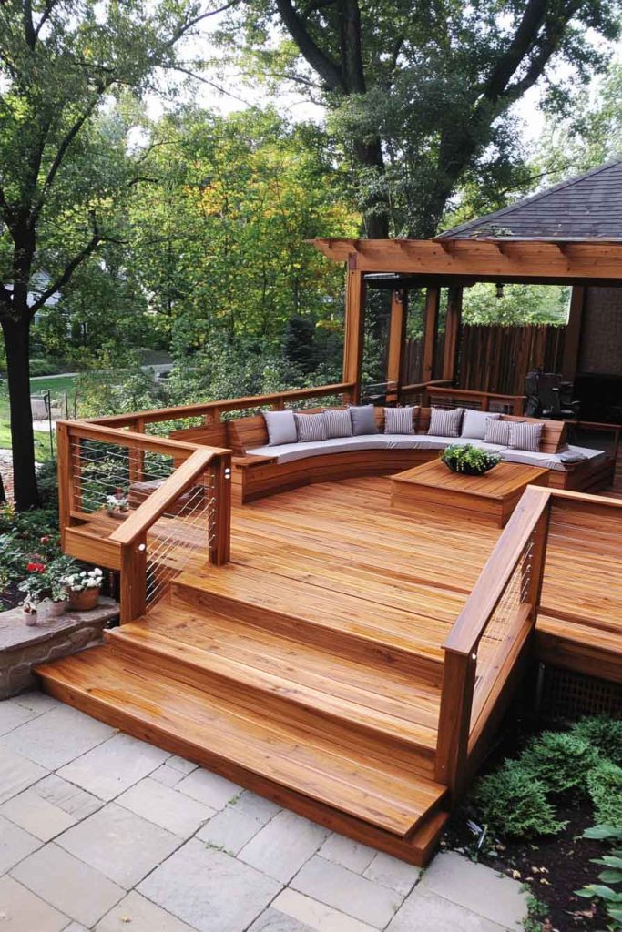 Classic Cedar Two-Level Deck with Built-In Seating