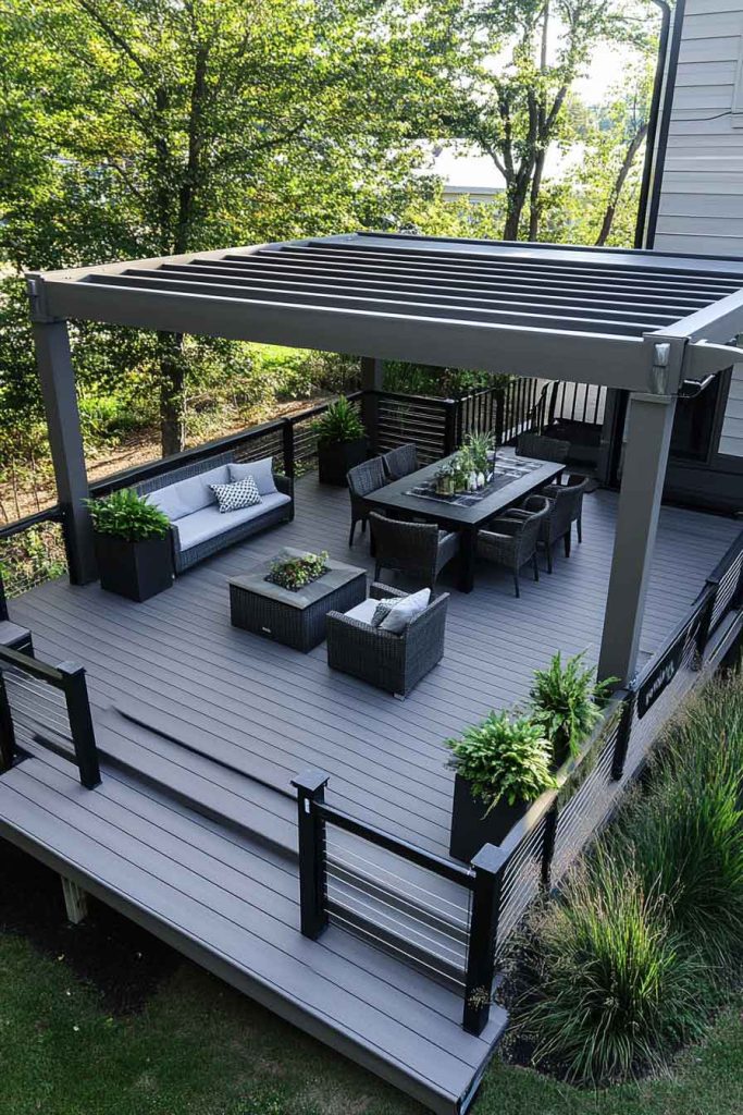 Modern Composite Deck with Pergola-Covered Upper Level