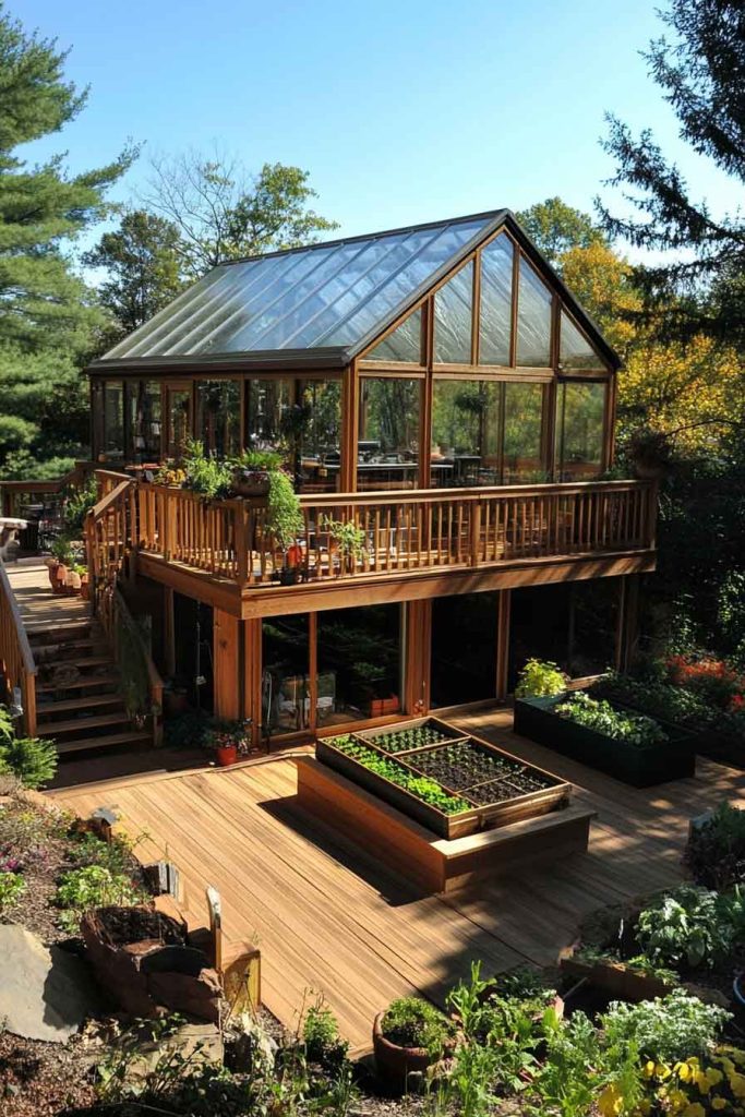 Greenhouse-Connected Two-Level Garden Deck