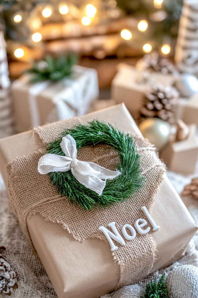 This image shows a cozy Christmas gift wrapping idea that feels warm and natural