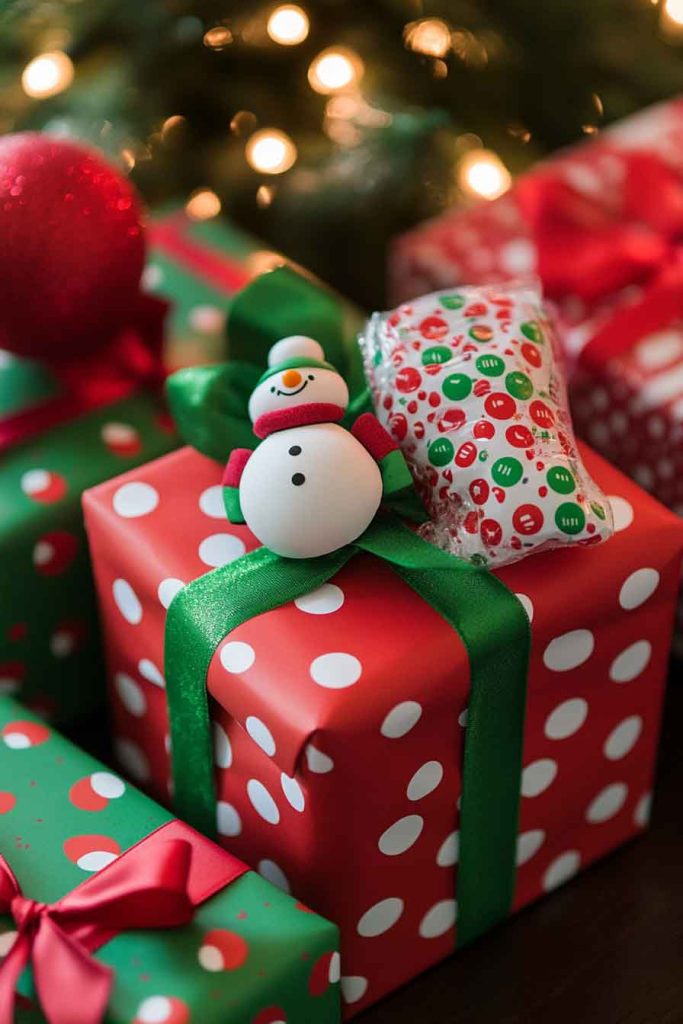 This image shows a fun and colorful Christmas wrapping idea that’s perfect for families and kids