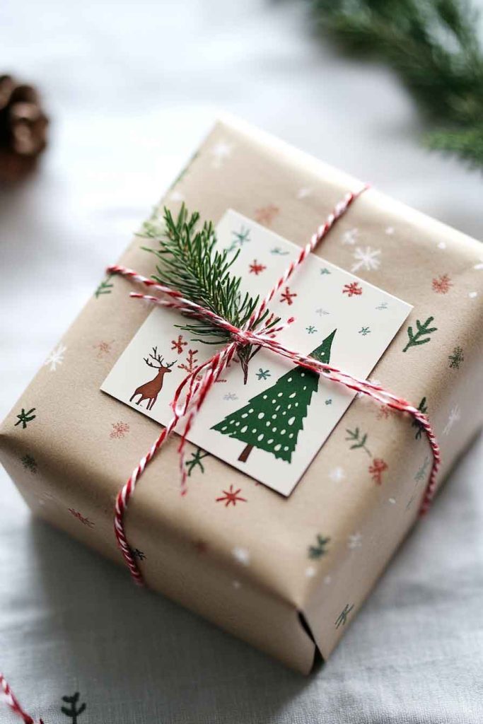 This image shows a simple and creative Christmas wrapping idea with a natural touch