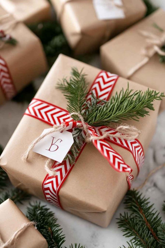 This image shows a beautiful and simple Christmas wrapping idea that feels both elegant and natural