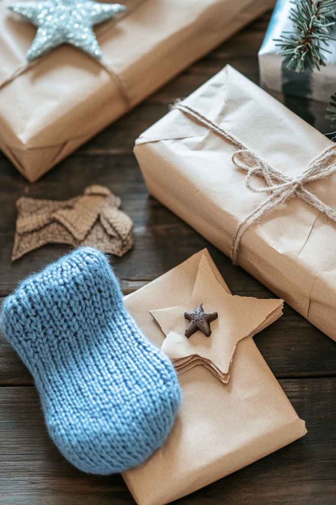 This image shows a creative and fun Christmas wrapping idea using brown paper in unique shapes