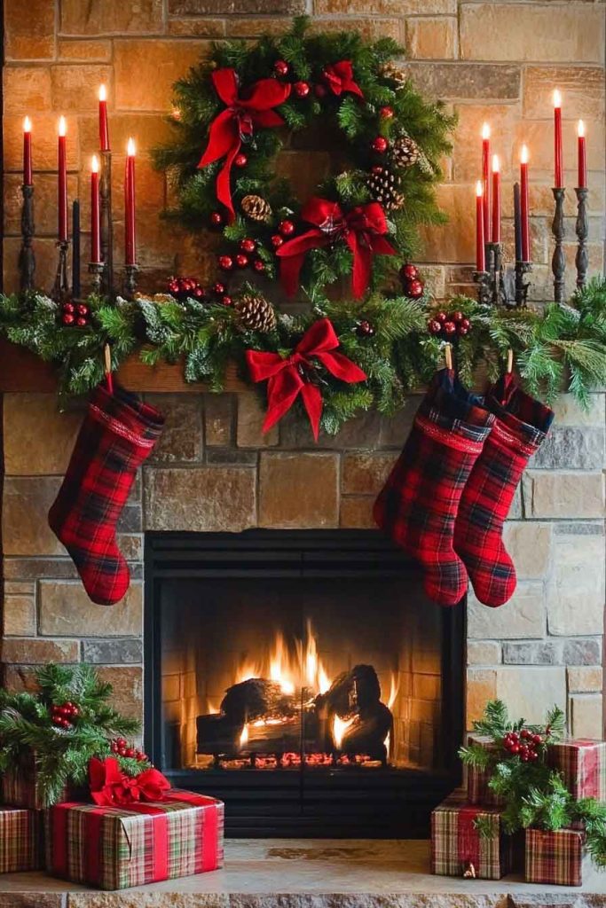 Classic Red and Green Fireplace with Plaid Stockings