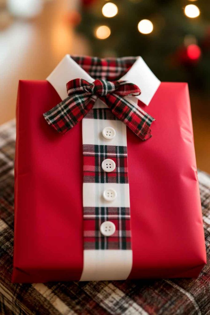 This image shows a fun and creative Christmas wrapping idea that looks like a festive holiday shirt