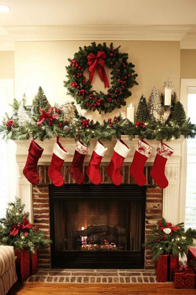 Traditional Evergreen and Red Berries Fireplace