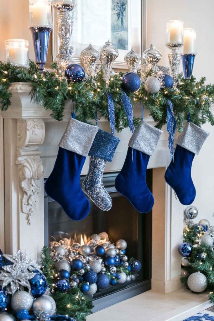 Bold Blue and Silver Christmas Fireplace