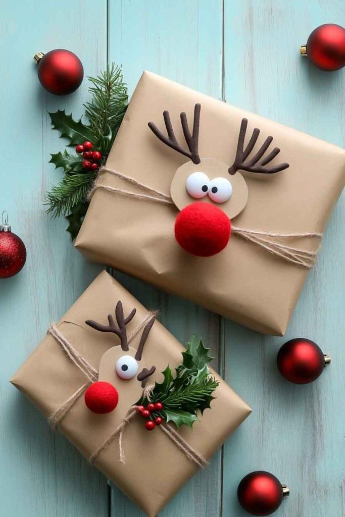 This image shows a cute and playful Christmas wrapping idea inspired by reindeer