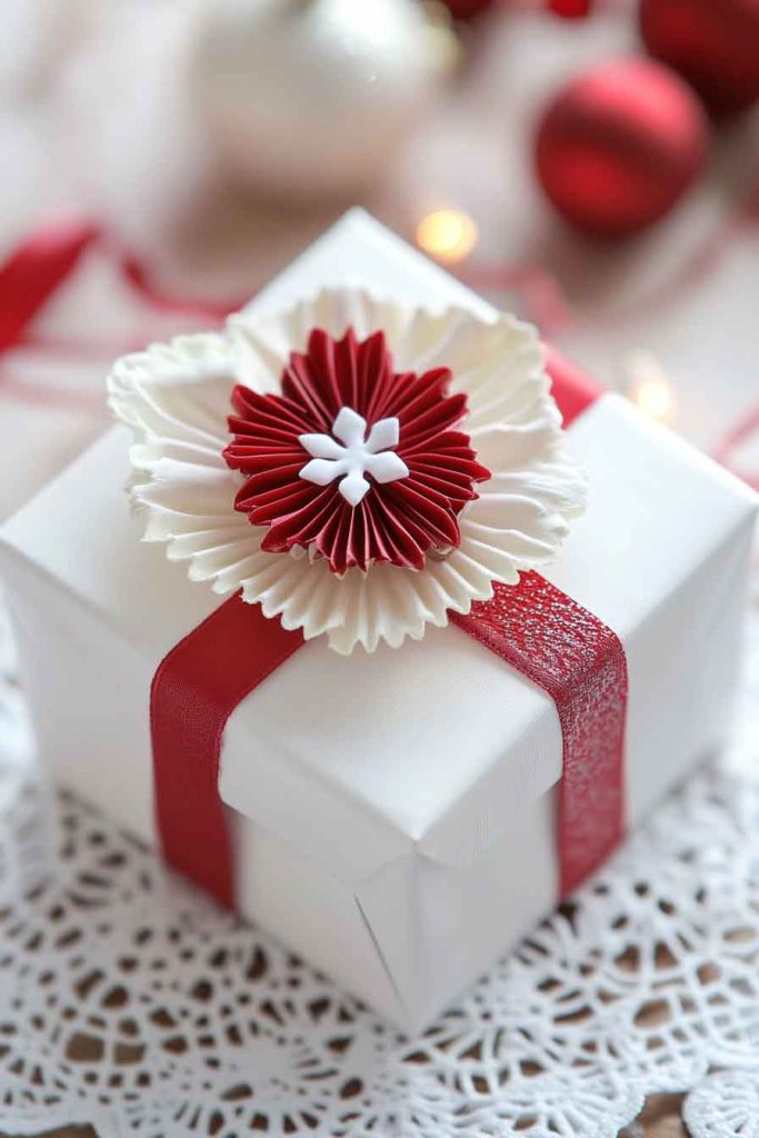 This image shows a soft and pretty Christmas wrapping idea with a handmade touch