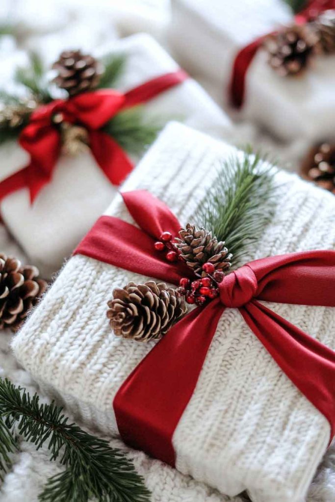 This image shows a cozy and creative Christmas wrapping idea that feels warm and festive