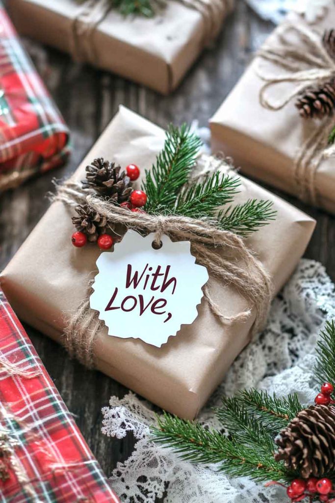 This image shows a set of beautiful Christmas gifts wrapped in a simple and natural style
