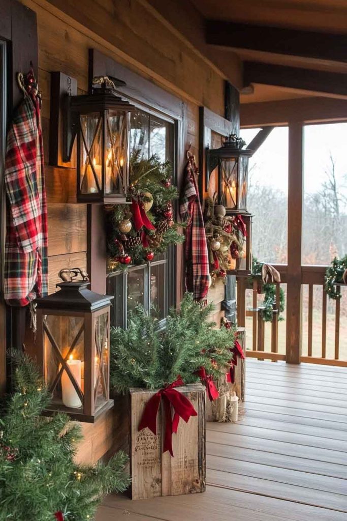 Rustic Wooden Porch with Plaid Textures and Lanterns