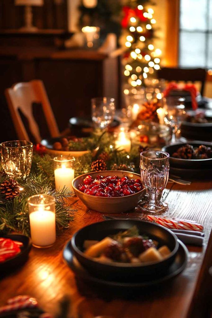 This image captures the joy of a cozy cottage Christmas dinner