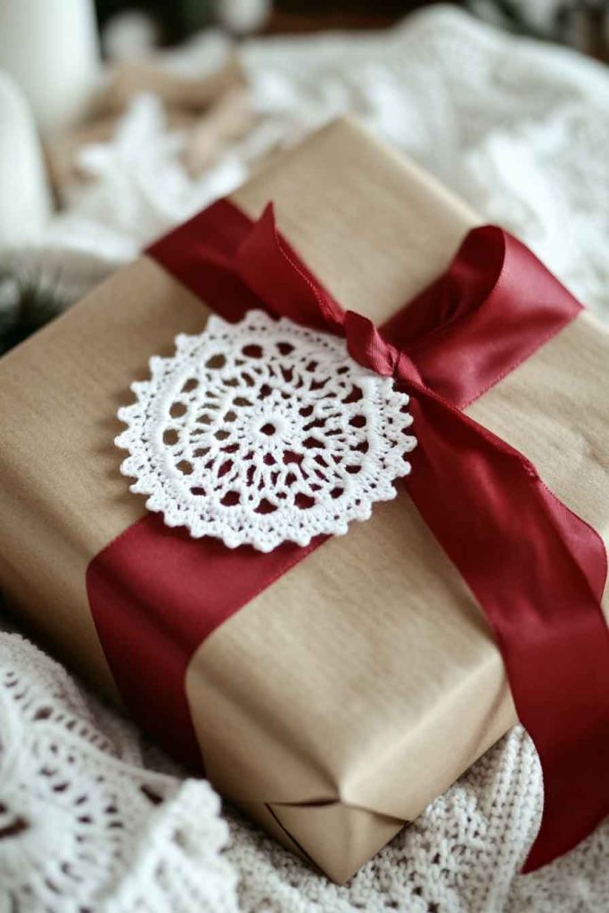 This image shows a simple and elegant Christmas wrapping idea that looks handmade and charming