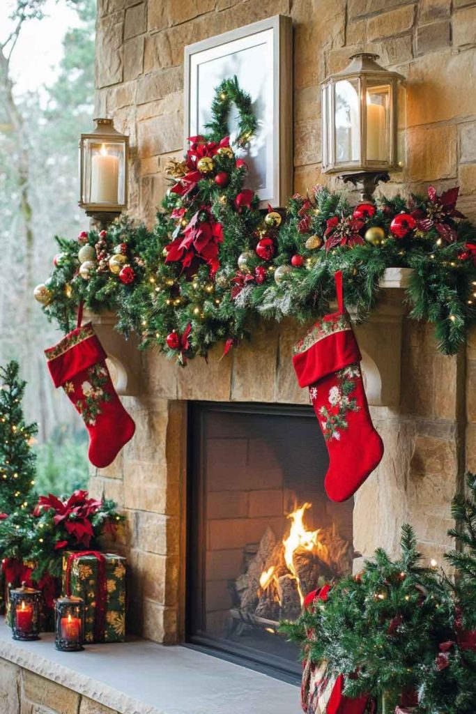 Fireplace Mantel Extension with Garland and Stockings