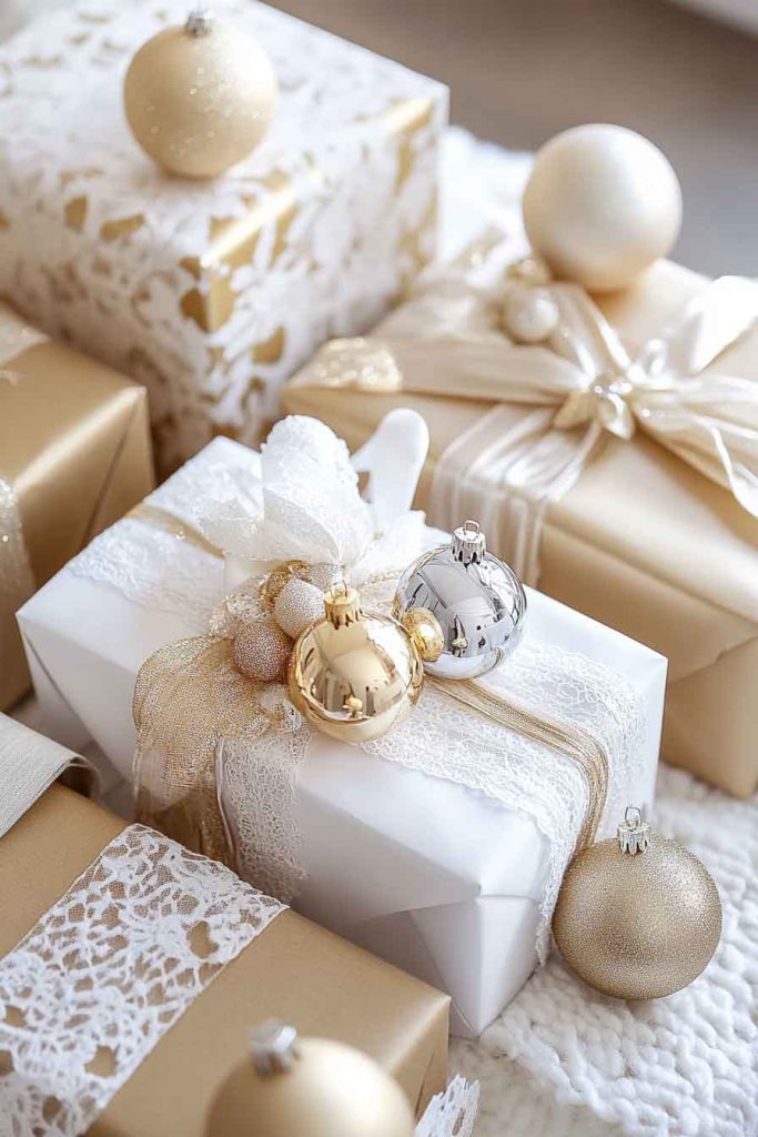 This image shows a classy and elegant Christmas wrapping idea using gold and neutral tones