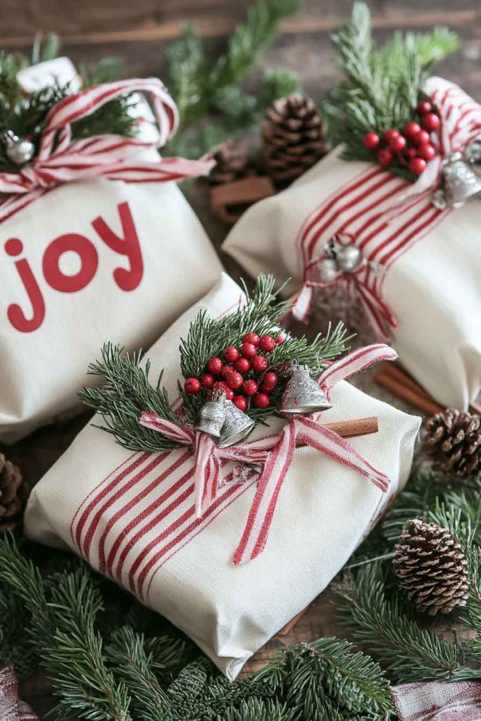 This image shows a rustic and charming Christmas wrapping idea that feels cozy and festive