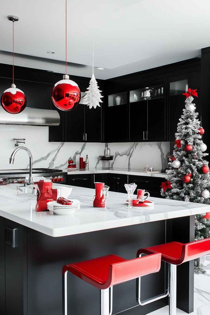Modern Black and White Kitchen with Red Accents