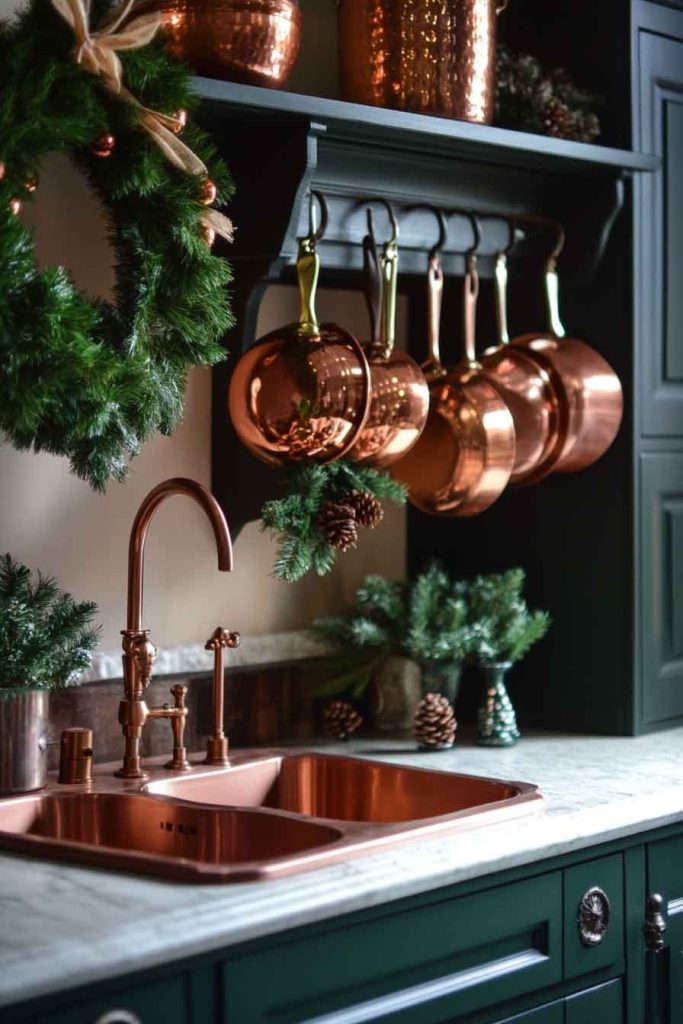 Warm Copper and Green Kitchen