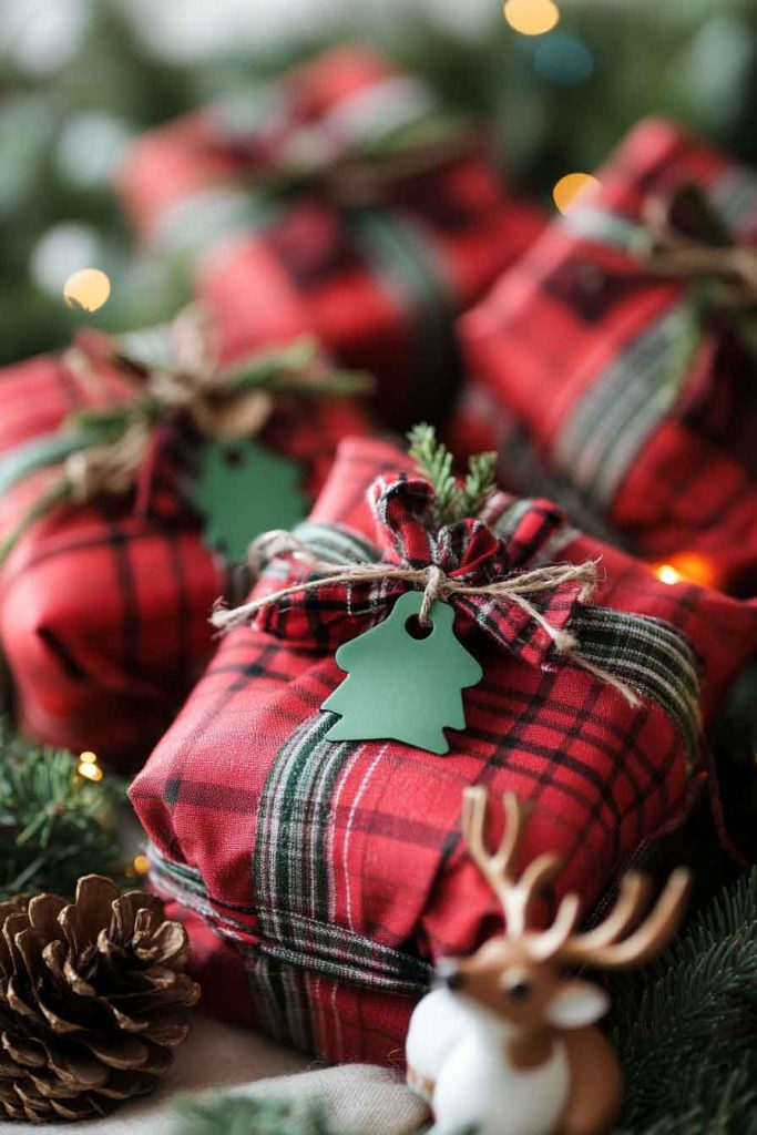 This image shows a warm and festive Christmas wrapping idea using fabric instead of paper