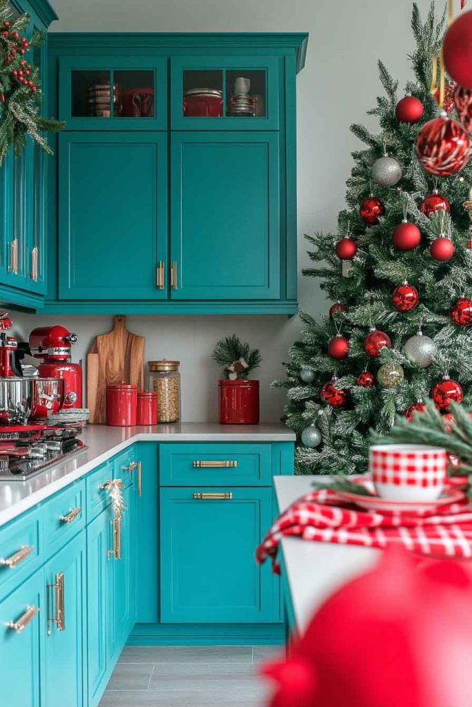 Bold Teal and Red Kitchen
