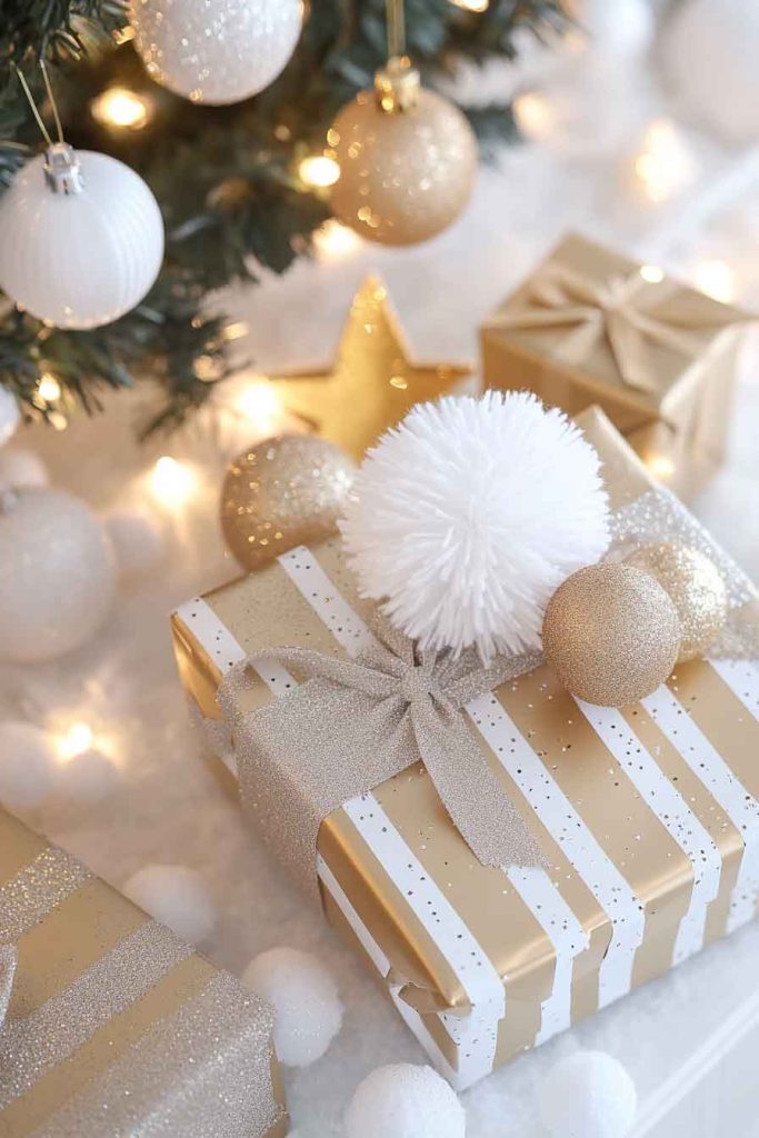This image shows a glamorous and modern Christmas wrapping idea with gold and white accents