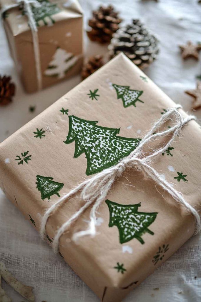 This image shows a fun and creative Christmas wrapping idea using homemade prints