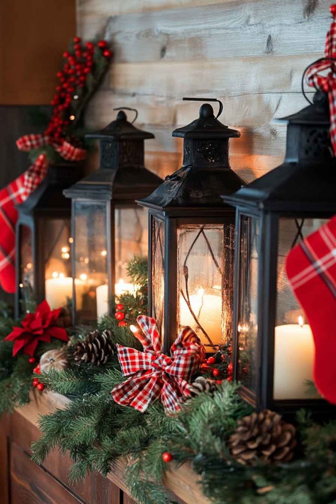 Rustic Lantern and Pine Christmas Mantle