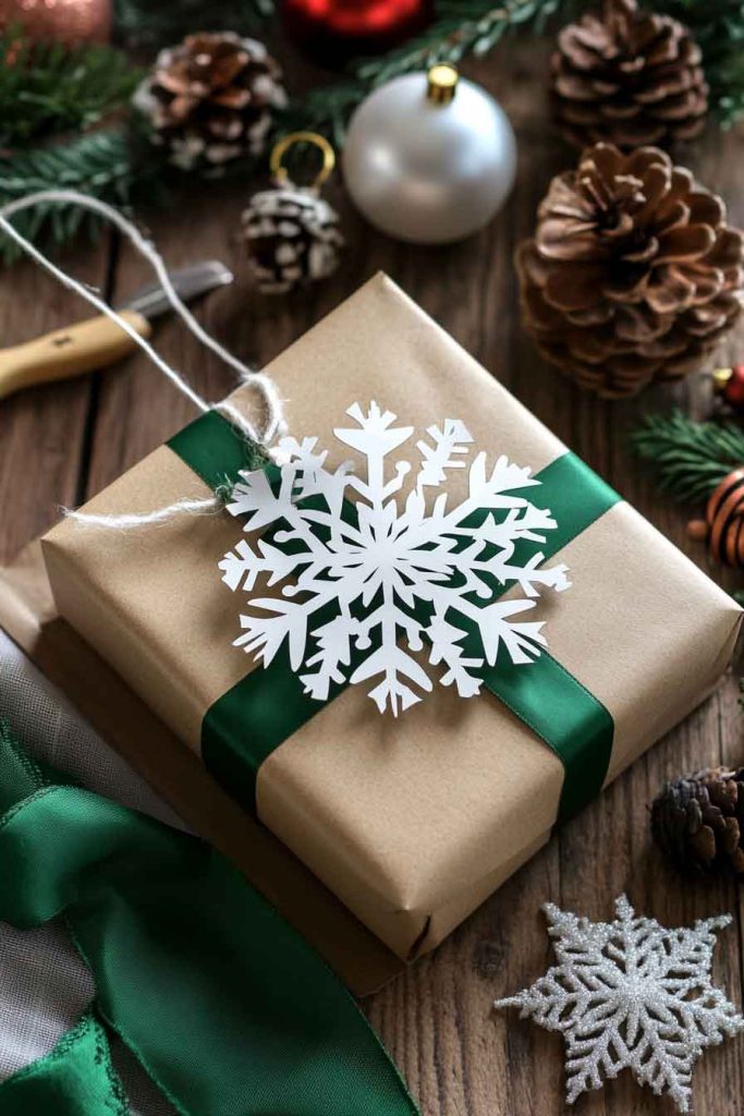 This image shows a beautiful and creative Christmas wrapping idea with a handmade touch