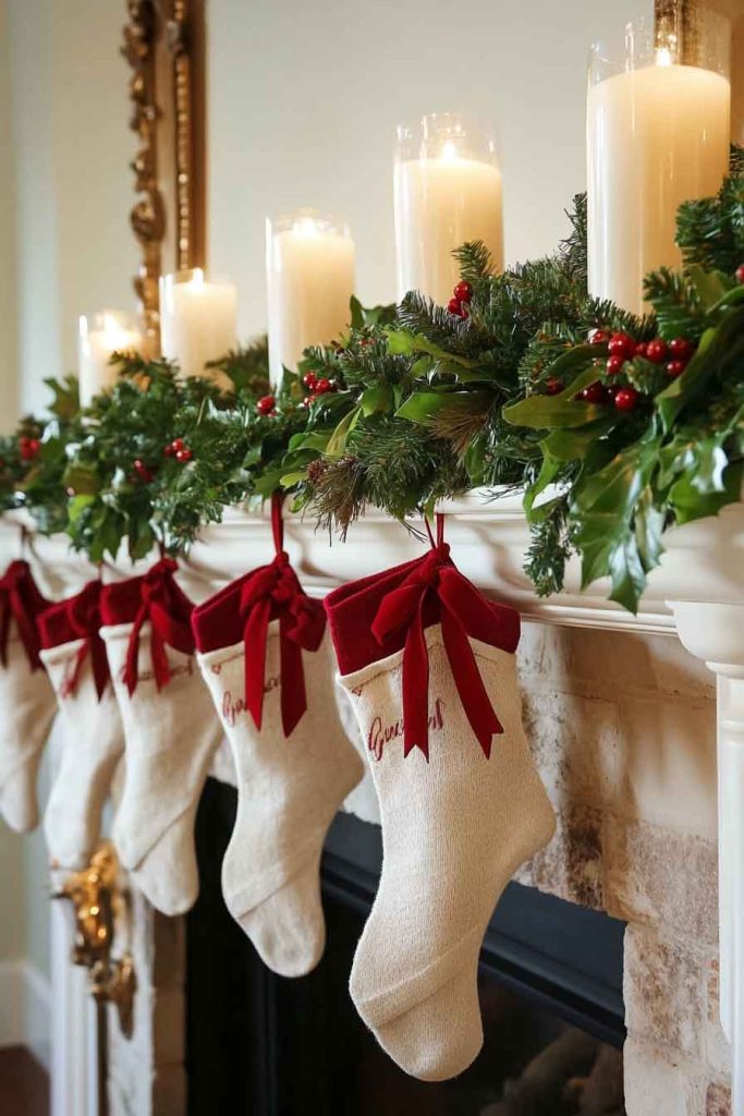 Classic Stockings and Greenery Christmas Mantle