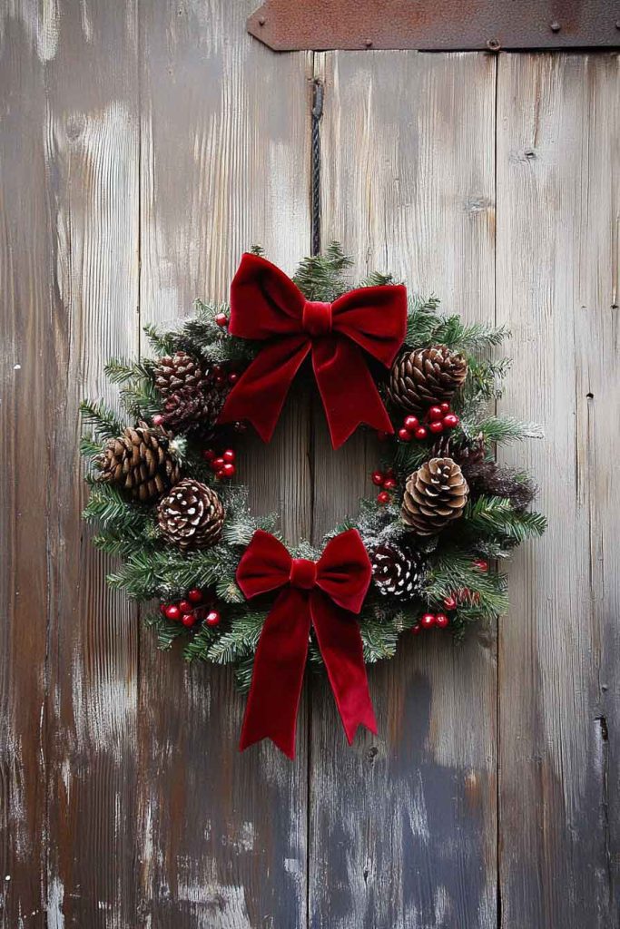 Rustic Pinecone Wreath with Red Ribbon