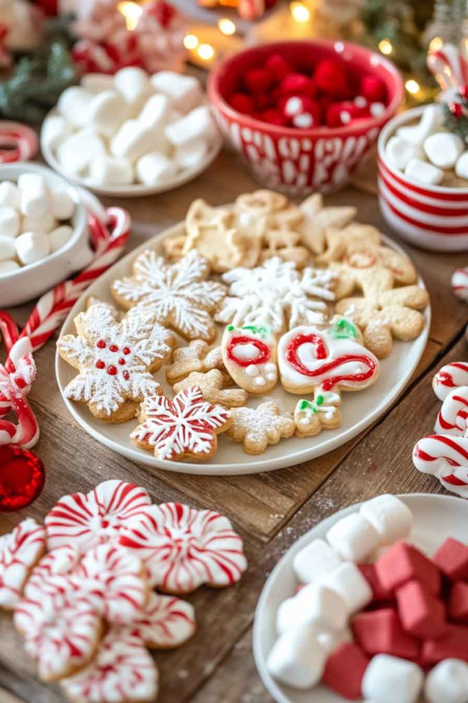 This image shows a joyful and cozy Christmas treat spread, perfect for a cottage-style holiday celebration
