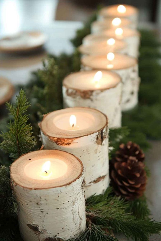 Birch Log Candle Holders with Greenery