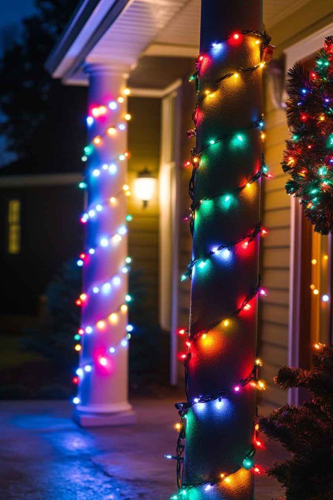 Colorful String Lights Wrapped Around Porch Columns