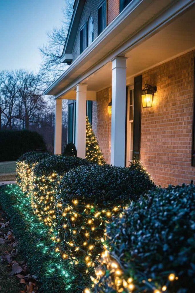Net Lights Draped Over Front Bushes