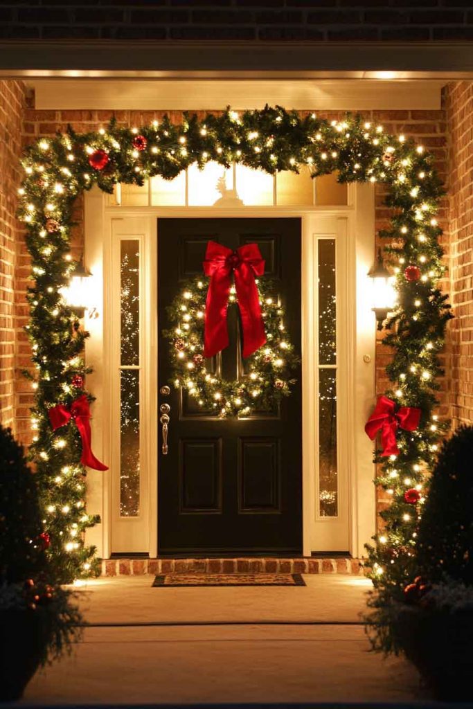 Lighted Garland Wrapped Around Front Door Frame