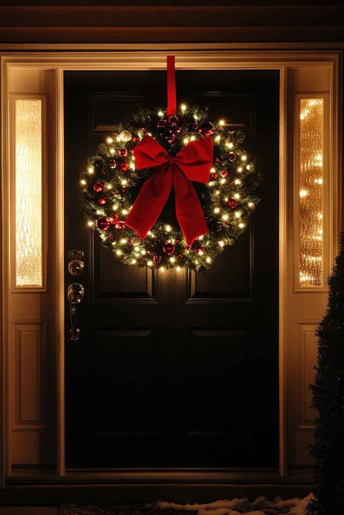 Lighted Wreath with Red Bow on Garage Door