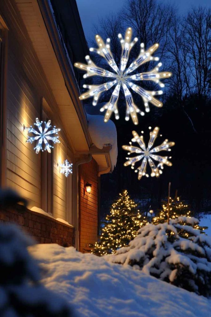 Lighted Snowflake Decorations on Home Exterior