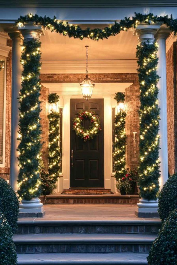 Lighted Columns with Greenery Wrapping