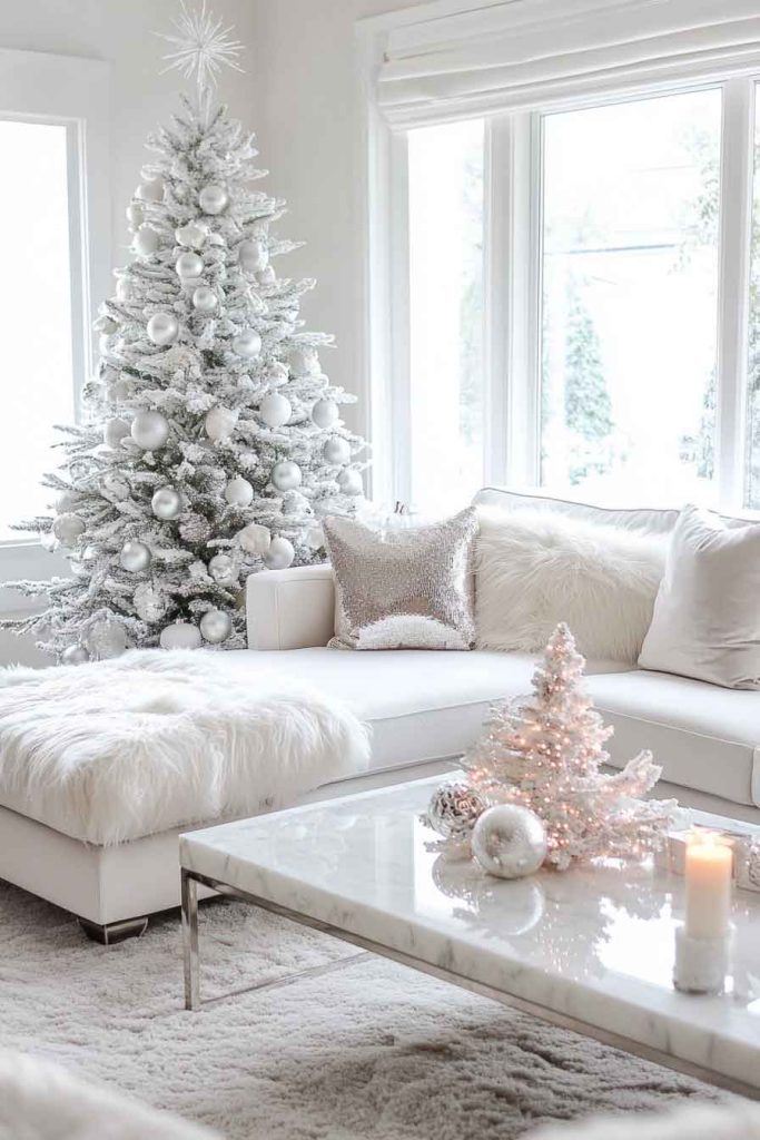 Minimalist White Christmas Living Room with Silver Accents