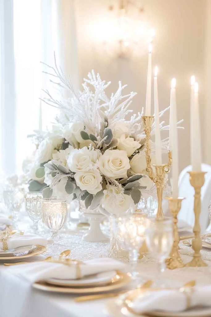 Glamorous White Christmas Dining Room with Gold Accents