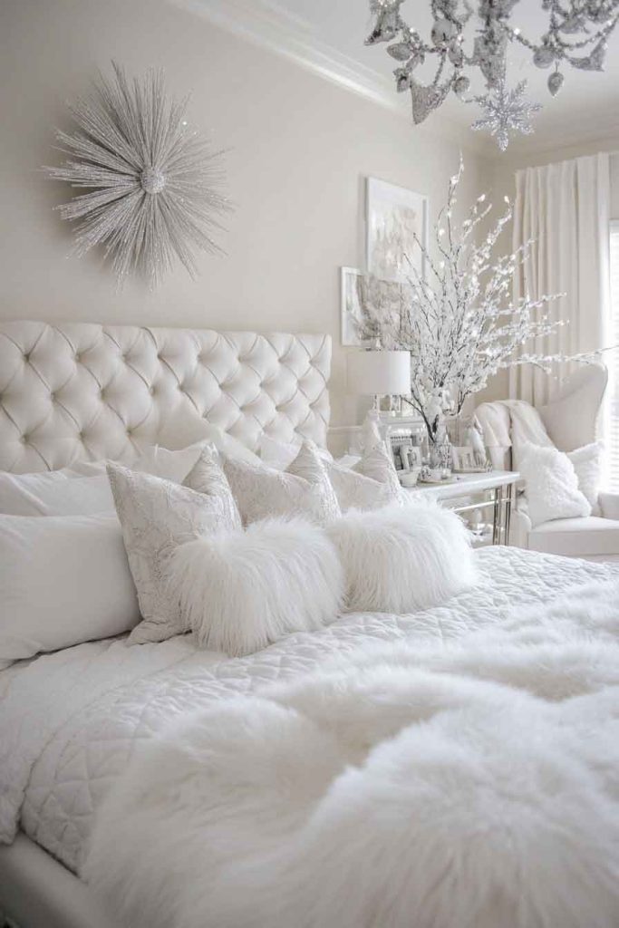 Luxurious White Christmas Master Suite with Velvet Details