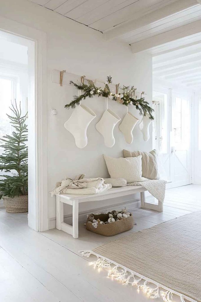 Scandinavian White Christmas Hallway with Natural Elements