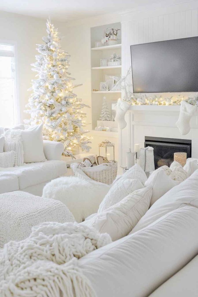 Cozy White Christmas Family Room with Blanket Layers