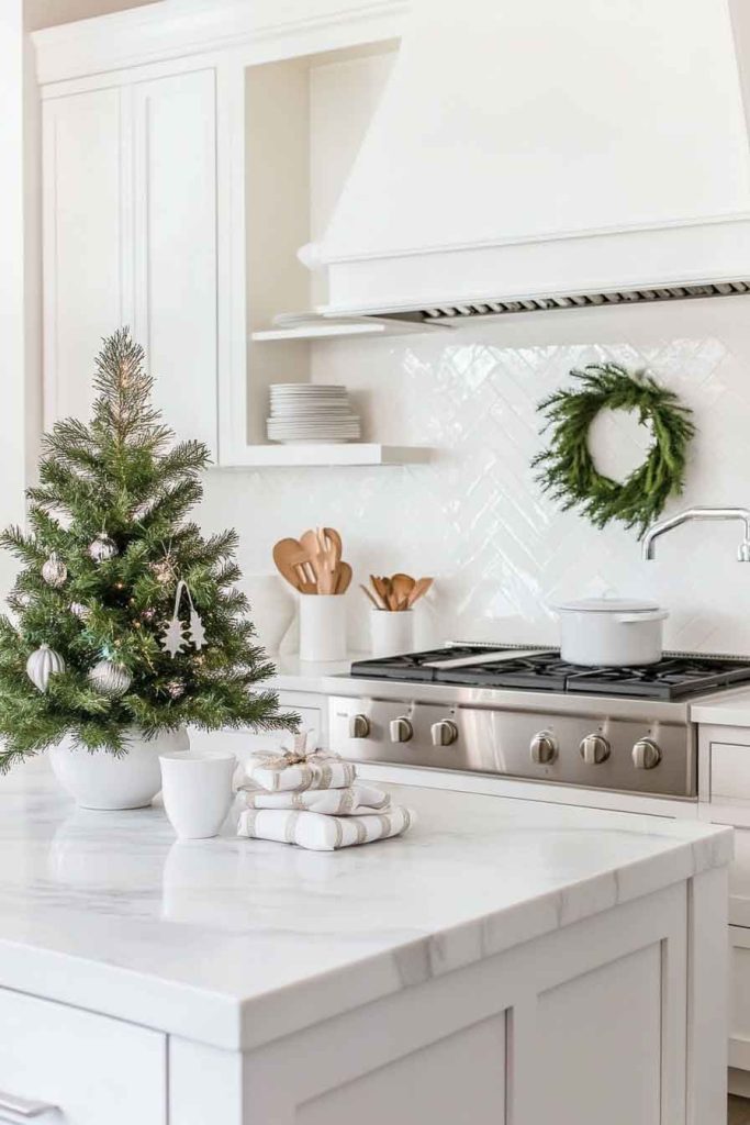 Contemporary White Christmas Kitchen with Patterned Linens
