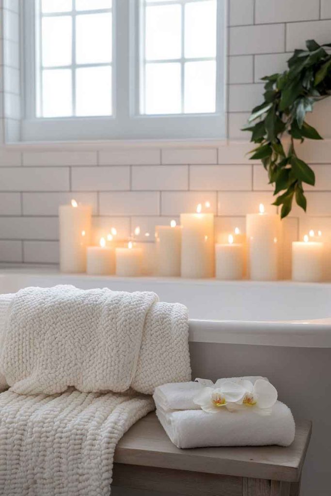 Luxurious White Christmas Master Bath with Candlelight